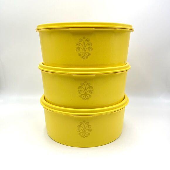 3 Vintage Retro Tupperware Mustard Yellow Starburst Servalier Storage Containers - Picture 1 of 14
